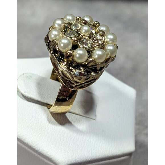 Vintage Glam Gold Tone Rhinestone Seed Pearl Adjustable Ring Size 6 - Picture 7 of 9
